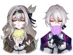  1boy 1girl akashicelegy black_gloves black_hairband blue_ribbon bow brown_jacket closed_eyes covering_own_mouth cropped_torso elio_(honkai:_star_rail) facing_viewer firefly_(honkai:_star_rail) flower gloves grey_hair hair_between_eyes hair_bow hair_intakes hair_ribbon hairband highres holding holding_flower honkai:_star_rail honkai_(series) interlocked_fingers jacket long_hair long_sleeves own_hands_together purple_flower purple_jacket ribbon shirt short_hair side-by-side sidelocks simple_background white_background white_bow white_shirt yellow_flower 