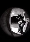  1boy absurdres black_hair crossed_arms door dougi dragon_ball fisheye full_body greyscale highres ii_(wired_) looking_at_viewer male_focus monochrome pov_peephole sidelighting solo son_goku spiky_hair standing vignetting 
