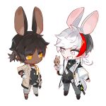  2boys animal_ears arknights black_footwear black_hair black_shirt bright_pupils brown_coat chibi choshanland_plushy_(arknights) coat commentary dark-skinned_male dark_skin earclip elysium_(arknights) feather_hair frown full_body gloves grey_eyes grey_pants grin hand_on_own_hip holding holding_stuffed_toy jewelry long_sleeves male_focus multicolored_hair multiple_boys necklace nsi_(2312_0120) pants pants_rolled_up rabbit_ears redhead shirt short_hair short_ponytail simple_background smile stuffed_toy thorns_(arknights) undershirt white_background white_coat white_gloves white_hair white_pupils white_shirt yellow_eyes 