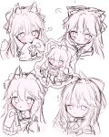  1girl animal_ears blush_stickers bow bowtie chibi closed_mouth expressions fate/samurai_remnant fate_(series) fox_ears highres long_hair looking_at_viewer mochan monochrome multiple_views parted_lips portrait pout simple_background sketch sleeves_past_fingers sleeves_past_wrists smile solo_focus sword tail tamamo_(fate) tamamo_aria_(fate) weapon 