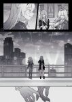  2girls :d absurdres building city clouds firefly_(honkai:_star_rail) flashback gloves greyscale hair_between_eyes hair_intakes hairband highres hive328 honkai:_star_rail honkai_(series) jacket long_hair monochrome multiple_girls multiple_views neckerchief off-shoulder_jacket off_shoulder one_eye_closed open_clothes open_jacket open_mouth outdoors pinky_swear profile railing side-by-side sidelocks smile spotlight stelle_(honkai:_star_rail) thigh-highs trailblazer_(honkai:_star_rail) yuri 