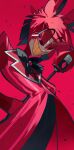  1boy alastor_(hazbin_hotel) black_bow black_bowtie bow bowtie cowboy_shot demon_boy glasses hazbin_hotel highres male_focus red_background red_eyes red_suit redhead sharp_teeth short_hair simple_background smile solo suit teeth ugonba_(howatoro) 