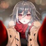  1girl alternate_costume blush fu_hua fu_hua_(herrscher_of_sentience) gloves grey_hair hair_between_eyes honkai_(series) honkai_impact_3rd long_hair multicolored_hair open_mouth red_eyes red_gloves red_scarf scarf solo streaked_hair tumuki1329 upper_body v-shaped_eyebrows winter_clothes 