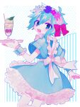  1boy alternate_costume antenna_hair apron aqua_dress aqua_eyes aqua_hair basil_(headspace)_(omori) basil_(omori) bow collar cup dress drinking_glass drinking_straw frilled_collar frilled_dress frills hair_between_eyes hair_bow head_wreath highres holding holding_tray looking_at_viewer looking_back maid maid_apron omori open_mouth pink_bow short_hair smile solo teeth thigh-highs tray upper_teeth_only white_bow white_thighhighs wrist_cuffs yuyuyu_m5 