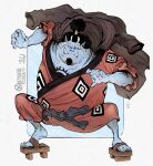  1boy black_hair blue_skin cape chest_tattoo colored_skin copyright_name english_commentary facial_hair fish_boy geta goatee half_updo highres hood hooded_cape iago_fn japanese_clothes jinbe_(one_piece) kimono looking_at_viewer male_focus one_piece sash solo tattoo thick_eyebrows 