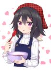  1girl absurdres amano_kouki apron black_hair blue_apron blush chocolate commentary_request cropped_torso hair_between_eyes hair_ornament hairclip head_scarf heart heart_background heart_hair_ornament highres holding long_hair long_sleeves looking_at_viewer mixing_bowl note-chan original plaid puffy_long_sleeves puffy_sleeves ribbed_sweater simple_background solo spatula sweater turtleneck turtleneck_sweater unmoving_pattern upper_body violet_eyes white_background white_sweater 