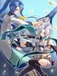  2girls belt_pouch black_gloves black_thighhighs blue_hair boots chiga_akira coat crop_top cropped_jacket eiyuu_densetsu elbow_gloves falling_feathers feathers fie_claussell floating_hair gloves green_eyes gunblade highres holding holding_weapon huge_weapon laura_s._arseid long_hair looking_at_viewer multiple_girls ponytail pouch scarf sen_no_kiseki sen_no_kiseki_iii shorts sidelocks smile sword thigh-highs weapon white_hair yellow_eyes 