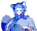  1boy animal_ear_fluff animal_ears blue_hair blue_hanbok cat_boy cat_ears cat_tail colored_eyelashes hair_ornament hand_fan hands_up highres holding holding_fan korean_clothes korean_commentary long_hair long_sleeves looking_at_viewer male_focus original paper_fan red_eyes ringed_eyes sasi_mozzi1 sidelocks simple_background solo tail tassel tassel_hair_ornament upper_body white_background wide_sleeves 