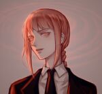  1girl black_necktie black_suit braid braided_ponytail chainsaw_man chinese_commentary commentary_request czy_(2894456992) highres makima_(chainsaw_man) necktie orange_eyes parted_lips portrait profile redhead ringed_eyes sidelocks single_braid solo suit 
