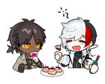  2boys arknights black_hair black_shirt bottle bright_pupils brown_jacket chibi closed_eyes commentary cup dark-skinned_male dark_skin drinking drinking_glass drooling eating elysium_(arknights) feather_hair food food_request gloves hand_up holding holding_bottle holding_cup jacket jewelry looking_at_viewer male_focus multicolored_hair multiple_boys necklace nsi_(2312_0120) open_mouth plate redhead shirt short_hair short_ponytail simple_background thorns_(arknights) undershirt white_background white_gloves white_hair white_jacket white_pupils white_shirt wine_bottle wine_glass yellow_eyes 