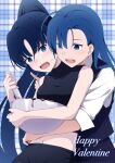  2girls ado_(utaite) asymmetrical_bangs black_shirt blue_eyes blue_hair blue_pants blue_vest bowl breasts chocolate_making cloud_nine_inc commentary_request corrupted_twitter_file crop_top fang happy_valentine highres holding holding_bowl hug hug_from_behind long_hair merry_(ado) midriff multiple_girls naima_(ado) navel nori_(norinori_yrl) open_mouth pants parted_bangs ponytail readymade_(ado) shirt sleeveless sleeveless_shirt sleeves_past_elbows small_breasts sweatdrop usseewa valentine vest voice_actor_connection white_shirt yuri 