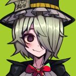  1girl black_headwear black_souls bow bowtie closed_mouth commentary cross-shaped_pupils green_background green_hair hair_over_one_eye hat hatter_(black_souls) koshou_shou_mitsu portrait red_bow red_bowtie short_hair simple_background smile solo straight-on symbol-only_commentary symbol-shaped_pupils top_hat upper_body violet_eyes 