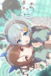  2girls :d animal_ears blue_eyes blue_nails blue_shirt brown_eyes brown_hair candy chocolate chocolate_bar closed_mouth commentary_request flower food grey_hair hair_between_eyes hair_flower hair_ornament hairclip heart horse_ears ice_cream king_halo_(umamusume) koruri multiple_girls nail_polish parted_bangs puffy_short_sleeves puffy_sleeves seiun_sky_(umamusume) shirt short_sleeves smile star_(symbol) umamusume yellow_flower 