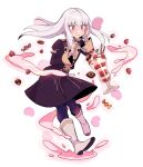  1girl blush candy do_m_kaeru fire_emblem food garreg_mach_monastery_uniform heart lysithea_von_ordelia milkshake pink_eyes smile solo white_background white_footwear white_hair 