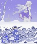  3girls animal_ears bare_tree blonde_hair blue_sky camouflage chamaruk floppy_ears kine letty_whiterock mallet multiple_girls outdoors rabbit_ears red_eyes ringo_(touhou) seiran_(touhou) short_hair sky sleep_bubble sleeping snow snowing touhou tree 