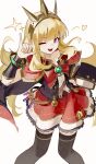  1girl black_thighhighs blonde_hair book cagliostro_(granblue_fantasy) cape dress granblue_fantasy highres holding holding_book jiu_ye_sang long_hair one_eye_closed open_mouth red_dress simple_background smile solo standing thigh-highs vambraces violet_eyes white_background 