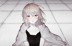  1girl absurdres black_shirt collarbone grey_jacket hair_between_eyes highres jacket light_brown_hair light_particles looking_at_viewer medium_hair mochiosamu_ron open_clothes open_jacket orange_eyes original parted_lips shirt tile_floor tiles upper_body 