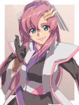  1girl black_gloves border chiharu_(9654784) coat gloves gundam gundam_seed gundam_seed_freedom hair_between_eyes hair_ornament highres lacus_clyne long_hair looking_at_viewer parted_bangs pink_background pink_hair ponytail portrait sidelocks simple_background smile solo upper_body white_border 