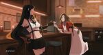  2girls aerith_gainsborough bar_(place) bar_stool bent_over black_hair bow braid braided_ponytail brown_eyes brown_hair crop_top cropped_jacket dress final_fantasy final_fantasy_vii final_fantasy_vii_remake fingerless_gloves gloves green_eyes hair_bow highres jacket leaning_on_table long_hair looking_at_another low-tied_long_hair multiple_girls pink_dress red_jacket smile stool suspenders thigh-highs tifa_lockhart vanekairi 