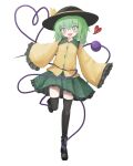  1girl black_headwear blouse bow buttons diamond_button eyeball frilled_shirt_collar frilled_sleeves frills green_hair green_skirt hat hat_bow hat_ribbon heart heart_of_string highres knife komeiji_koishi reverinth ribbon shirt skirt third_eye touhou wide_sleeves yellow_bow yellow_ribbon yellow_shirt 