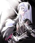  1girl arknights black_gloves black_jacket black_skirt closed_mouth floating_hair gloves grey_eyes grey_hair hair_intakes highres holding holding_sword holding_weapon irene_(arknights) jacket long_hair long_sleeves pointy_ears puffy_long_sleeves puffy_sleeves skirt solo spam_(spamham4506) sword very_long_hair weapon 