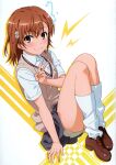  1girl absurdres brown_eyes brown_hair closed_mouth hair_ornament hand_up highres isshi_pyuma loafers looking_at_viewer loose_socks medium_hair misaka_mikoto scan school_uniform shoes short_sleeves shorts skirt smile socks solo toaru_kagaku_no_railgun toaru_majutsu_no_index v vest 