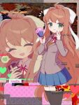  1girl anzen_robo_(474zz) black_pantyhose blue_skirt breasts brown_hair closed_eyes coat cupcake dialogue_box doki_doki_literature_club eating food glitch green_eyes grey_coat hair_ribbon hand_on_own_face heart long_hair looking_at_viewer medium_breasts monika_(doki_doki_literature_club) multiple_views pantyhose ponytail ribbon school_uniform shirt skirt spoken_heart twitter_username very_long_hair white_shirt 