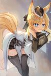  1girl :3 absurdres animal_ear_fluff animal_ears arknights bad_anatomy bent_over black_headwear blonde_hair blue_eyes blush breasts commentary hand_on_own_cheek hand_on_own_face haru_torimaru hat highres horse_ears horse_girl horse_tail large_breasts long_hair long_sleeves looking_at_viewer simple_background smile solo tail whislash_(arknights) 