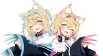  2girls animal_ear_fluff animal_ears aqua_eyes bandaid bandaid_hair_ornament belt_collar blonde_hair blue_hair blush collar dog_ears english_commentary fang fur-trimmed_jacket fur_trim fuwawa_abyssgard hair_ornament headphones headphones_around_neck highres hololive hololive_english jacket long_sleeves looking_at_viewer lucferz medium_hair mococo_abyssgard multicolored_hair multiple_girls one_eye_closed open_mouth paw_pose pink_eyes pink_hair simple_background skin_fang smile streaked_hair two_side_up upper_body variant_set virtual_youtuber white_background wide_sleeves x_hair_ornament 
