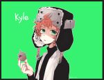  1boy character_name dreidel fur_hat green_background green_eyes halloween_(owo) hat holding kyle_broflovski long_sleeves looking_at_viewer male_focus nail_polish open_mouth orange_hair scarf shaded_face solo south_park turtleneck upper_body ushanka 