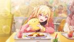 2girls animal_ears blonde_hair collaboration dress food long_hair looking_at_viewer mochizuki_honami official_art open_mouth plush pompompurin project_sekai red_eyes restaurant sanrio smile solo_focus stuffed_animal table tenma_saki twintails