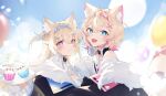  2girls absurdres animal_ear_fluff animal_ears balloon bandaid bandaid_hair_ornament blue_eyes blue_hair blue_sky blurry closed_mouth depth_of_field dog_ears dog_tail english_commentary food fur-trimmed_jacket fur_trim fuwawa_abyssgard fuwawa_abyssgard_(1st_costume) hair_ornament headphones headphones_around_neck highres holding holding_plate hololive hololive_english jacket long_hair looking_at_viewer lucferz medium_hair mococo_abyssgard mococo_abyssgard_(1st_costume) multicolored_hair multiple_girls open_mouth pink_eyes pink_hair plate siblings single_bare_shoulder sisters sky smile streaked_hair tail twins virtual_youtuber x_hair_ornament 