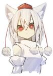  1girl 9302w_(user_wjpg8475) animal_ear_fluff animal_ears bare_shoulders closed_mouth commentary cropped_torso detached_sleeves hat highres inubashiri_momiji pom_pom_(clothes) red_eyes shirt short_hair simple_background solo tokin_hat touhou white_background white_hair white_shirt white_sleeves wolf_ears wolf_girl 