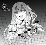  1girl a_(phrase) board_game collared_shirt commentary go_(board_game) greyscale hair_between_eyes hair_ribbon highres hololive hoshimachi_suisei hoshimachi_suisei_(streetwear) jacket long_hair monochrome neck_ribbon nervous_sweating off_shoulder official_alternate_costume open_clothes open_jacket open_mouth playing_games reaching ribbon shirt since2019 sleeveless sleeveless_shirt sweat teeth upper_teeth_only 