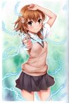  1girl absurdres arm_up blush brown_eyes brown_hair closed_mouth coin hair_ornament highres holding isshi_pyuma lightning looking_at_viewer medium_hair misaka_mikoto pleated_skirt short_sleeves skirt toaru_kagaku_no_railgun toaru_majutsu_no_index vest 