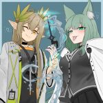  2girls animal_ear_fluff animal_ears arknights blue_background blush brown_hair cat_ears cat_girl dokonjou_(odossan) green_eyes green_hair harmonie_(arknights) heart highres holding holding_wand long_hair looking_at_viewer muelsyse_(arknights) multiple_girls one_eye_closed pointy_ears tongue tongue_out wand water yellow_eyes 