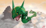  above_clouds animal_focus backlighting black_sclera claws clouds colored_sclera commentary_request dragon eastern_dragon floating full_body mountain no_humans numeito open_mouth orange_sky outdoors pokemon pokemon_(creature) rayquaza sky solo sunlight sunrise yellow_eyes 