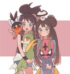  2girls accelgor blue_bow blue_eyes blush bow closed_mouth clothed_pokemon dot_nose double_bun doughnut_hair_bun eyelashes foongus hair_bun high_ponytail highres hilda_(pokemon) hime_(himetya105) holding holding_pokemon looking_at_viewer multiple_girls no_headwear on_head pokemon pokemon_(creature) pokemon_bw pokemon_bw2 pokemon_on_head red_background red_eyes rosa_(pokemon) servine standing tepig twintails two-tone_background two-tone_bow white_background white_bow 