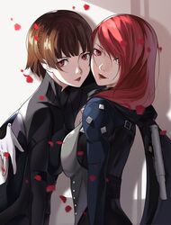  2girls arm_around_shoulder black_bodysuit bodysuit braid breast_press breasts brown_hair cosplay costume_switch crown_braid gloves gun highres holding holding_gun holding_weapon kirijou_mitsuru lipstick long_hair makeup multiple_girls niijima_makoto persona persona_3 persona_5 persona_5_the_royal red_eyes redhead short_hair symmetrical_docking wanderstillart weapon 