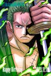  1boy close-up closed_mouth green_hair green_kimono happy_birthday highres holding holding_sword holding_weapon japanese_clothes kimono kiyu_(zuyu) looking_at_viewer male_focus one_piece roronoa_zoro sideburns smoke solo sword twitter_username v-shaped_eyebrows weapon 