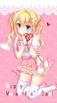  1girl :q blonde_hair blue_eyes blush bow box center_frills closed_mouth company_name eyes_visible_through_hair foot_out_of_frame frilled_skirt frilled_sleeves frilled_wrist_cuffs frills gift hair_between_eyes hair_ornament hands_up happy_valentine heart heart-shaped_box heart_hair_ornament highres holding holding_gift kin-iro_loveriche kisaki_reina kneeling long_hair looking_at_viewer mary_janes official_art official_wallpaper orange_bow pink_background pink_footwear pink_skirt pink_wrist_cuffs plaid plaid_skirt pom_pom_(clothes) pom_pom_hair_ornament puffy_short_sleeves puffy_sleeves red_bow shirt shoes short_sleeves simple_background skirt smile solo thigh-highs tongue tongue_out toranosuke twintails two-tone_skirt valentine wavy_hair white_shirt white_skirt white_thighhighs wrist_cuffs zettai_ryouiki 