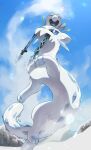  animal_focus blue_eyes blue_sky bright_pupils chien-pao closed_eyes clouds commentary_request frigibax highres ice no_humans nullma open_mouth outdoors pokemon pokemon_(creature) riding riding_pokemon sky smile snow snow_leopard tail whiskers white_fur white_pupils 