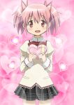  1girl blush box heart-shaped_box highres jewelry kaname_madoka looking_at_viewer mahou_shoujo_madoka_magica mahou_shoujo_madoka_magica_(anime) medium_hair mitakihara_school_uniform open_mouth pink_eyes pink_hair ring riokasen school_uniform short_twintails soul_gem twintails valentine 