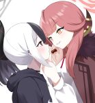  2girls aru_(blue_archive) black_hair black_hoodie black_horns blue_archive blush brown_coat brown_horns coat demon_horns fur-trimmed_coat fur_trim grey_halo halo highres hood hood_down hoodie horns kayoko_(blue_archive) long_hair multicolored_hair multiple_girls open_mouth pink_hair pink_halo ponytail raimu_(clanberry000) red_eyes simple_background smile white_background white_hair yellow_eyes yuri 