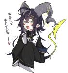  1boy antenna_hair azuma_shino black_hair blush bow cross demon_horns demon_tail fang green_eyes hair_bow hair_ornament heart horns original otoko_no_ko skin_fang spoken_heart sunny_(azuma_shino) tail white_background x_hair_ornament yellow_tail 