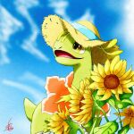  animal_focus artist_name blue_background blue_sky blurry clouds commentary day depth_of_field flower hat highres looking_to_the_side looking_up meganium no_humans numeito open_mouth outdoors pokemon pokemon_(creature) signature sky solo standing straw_hat sunflower yellow_eyes yellow_flower yellow_headwear 