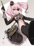  1girl annette_(spy_kyoushitsu) black_dress dress eyepatch green_eyes gun holding holding_gun holding_weapon long_hair looking_at_viewer one_eye_covered open_mouth pink_hair solo spy_kyoushitsu twintails weapon wss_(32656138) 