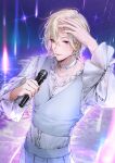  1boy absurdres blonde_hair choker hair_between_eyes highres holding holding_microphone kkopoli long_sleeves male_focus microphone multicolored_hair noah_(plave) open_mouth plave shirt short_hair solo violet_eyes white_choker white_shirt 