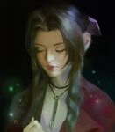  1girl aerith_gainsborough black_background braid brown_hair closed_eyes closed_mouth commentary english_commentary faux_traditional_media final_fantasy final_fantasy_vii final_fantasy_vii_remake fireflies highres jewelry necklace portrait purple_ribbon ribbon smile solo yuming_li 