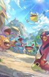  ^_^ alternate_color animal_focus azurill bag beak bidoof bird blue_skin blue_sky bright_pupils brown_bag bulbasaur closed_eyes clouds colored_skin commentary_request crocodilian fangs flying hakkentai_pokedan highres holding holding_bag kecleon multicolored_skin no_humans open_mouth outdoors pelipper pokemon pokemon_(creature) pokemon_mystery_dungeon pokemon_mystery_dungeon:_explorers_of_time/darkness/sky red_eyes red_skin sharp_teeth shiny_pokemon signature sky sun sunlight swellow teeth totodile two-tone_skin white_pupils wurmple 